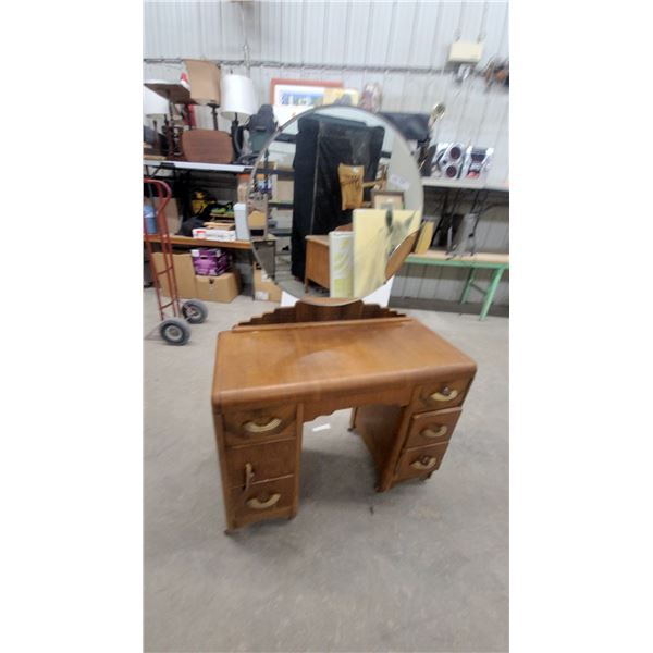 Art Deco Waterfall Vanity Dressing Table with Round Swivel Mirror, Circa 1930s 61 x 38 x 17" Mirror