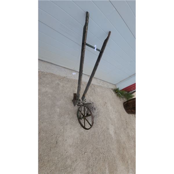Antique Single-Wheel Hand Plow Cultivator with Wooden Handles and Plow Attachment