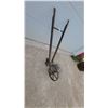 Image 1 : Antique Single-Wheel Hand Plow Cultivator with Wooden Handles and Plow Attachment