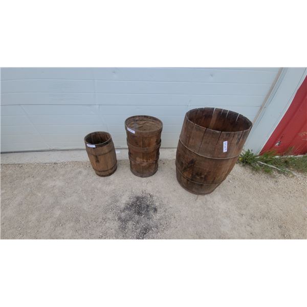 Three Antique Wooden Barrels in Varying Sizes Including Izal Disinfectant Powder Barrel and More