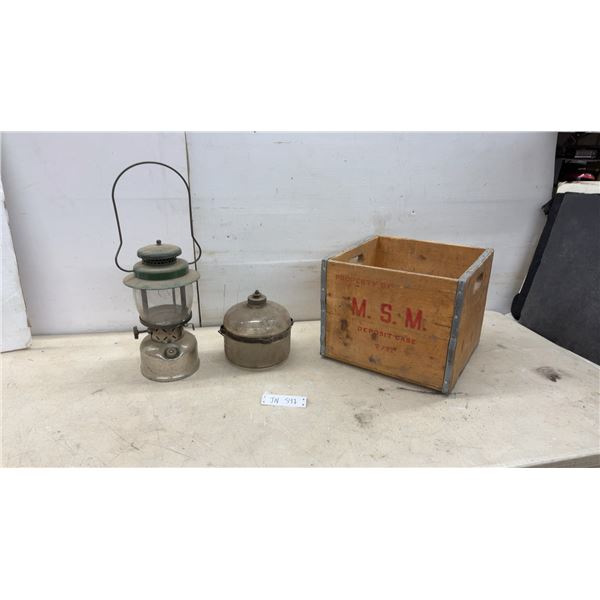 Vintage 1948 Coleman Major No. 236 Gasoline Lantern, Globe, and M.S.M. Wooden Crate