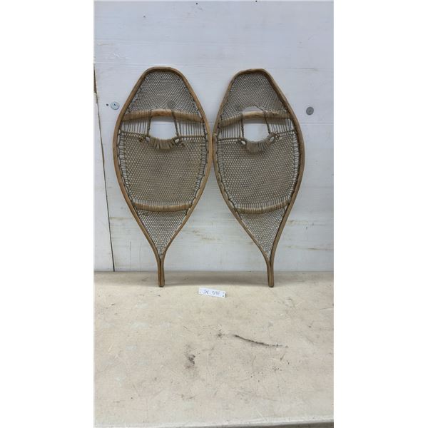 Pair of Vintage Wooden-Framed Huron-Style Snowshoes with Rawhide Lacing, 34 x 14 1/2"