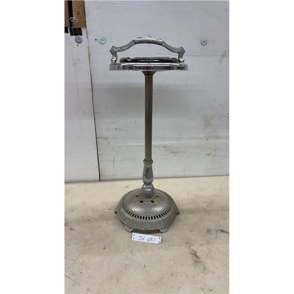 Vintage Art Deco Chrome-Plated Pedestal Ashtray With Ornate Cast Metal Base, Circa 1920s-1940s