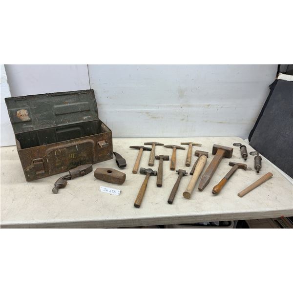 Vintage Hand Tools Including Ball-Peen, Cross-Peen, Sledge and Claw Hammers in Military Ammo Can