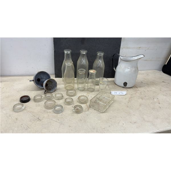 Vintage Glass Milk Bottles, Enamel Pitcher, Glass Jar Lids, and More