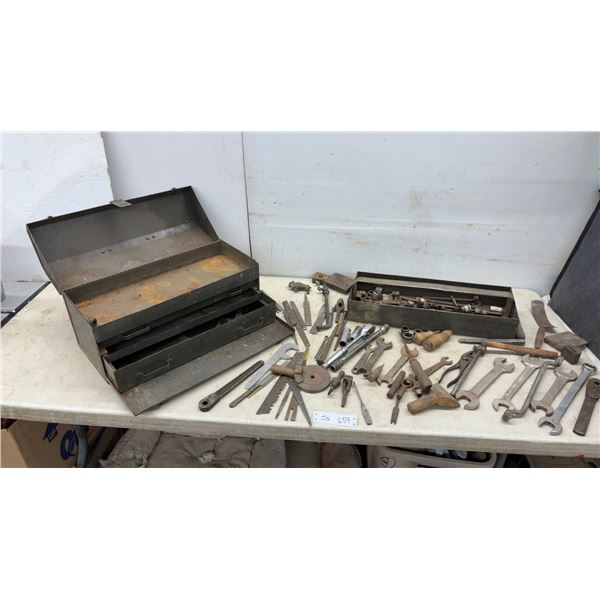 Vintage Cantilever Metal Toolbox with Assorted Wrenches, Sockets, Files, Screwdrivers, and More