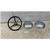 Image 1 : John Deere Tractor Steering Wheel and Two Vintage Pontiac Winged Goddess Hubcaps