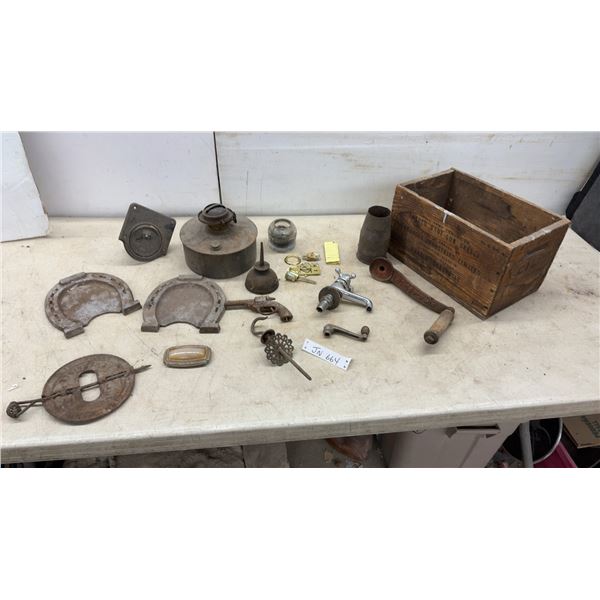 Wooden Shot-Gun Shell Crate, Oil Lamp, Horseshoe Trays, Cap Gun and More