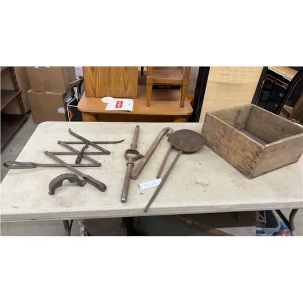 Vintage Wooden High Explosives Crate and Antique Primitive Iron Tools and More