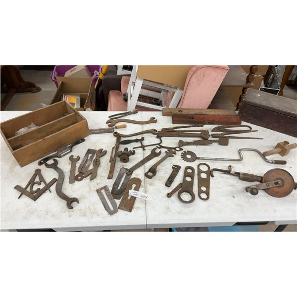 Vintage Lot of Cast Iron Spanners, Wrenches, Masonic Square and Compass, Brace Drill, and More
