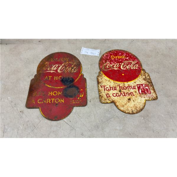 2 Vintage Coca-Cola Double Sided "Take Home a Carton" 25¢ Painted Tin Advertising Signs