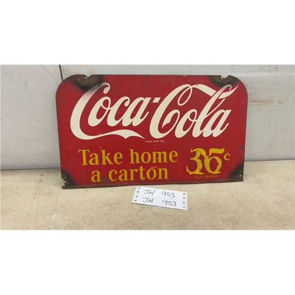 Vintage Coca-Cola Double Sided "Take Home a Carton 35¢ Plus Deposit" Metal Advertising Sign