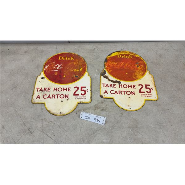 2 Vintage Coca-Cola Double Sided "Take Home a Carton 25¢" Die-Cut Metal Advertising Signs