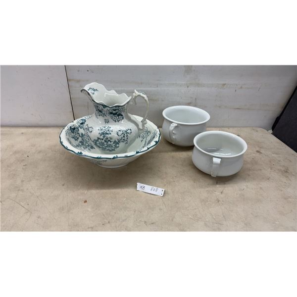 Antique Ceramic Washstand Set With Teal Floral Pitcher, Basin, and Two White Chamber Pots