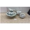 Image 1 : Antique Ceramic Washstand Set With Teal Floral Pitcher, Basin, and Two White Chamber Pots