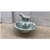 Image 2 : Antique Ceramic Washstand Set With Teal Floral Pitcher, Basin, and Two White Chamber Pots