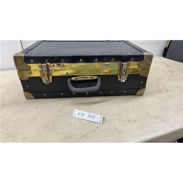 Vintage Black Storage Trunk with Brass-Tone Hardware and Corner Protectors