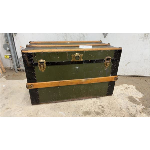 Antique Olive Green Steamer Trunk with Wood Slats, Black Banding, and Brass Hardware 19 x 32 x 18"