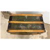 Image 3 : Antique Olive Green Steamer Trunk with Wood Slats, Black Banding, and Brass Hardware 19 x 32 x 18"