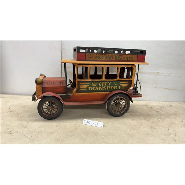 Vintage-Style Wooden City Transport Open-Top Double-Decker Bus Model with Period Advertisements