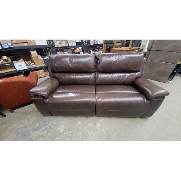 Dark Brown Leather Power Reclining Coach with Contrast Stitching and USB Ports 88" Wide