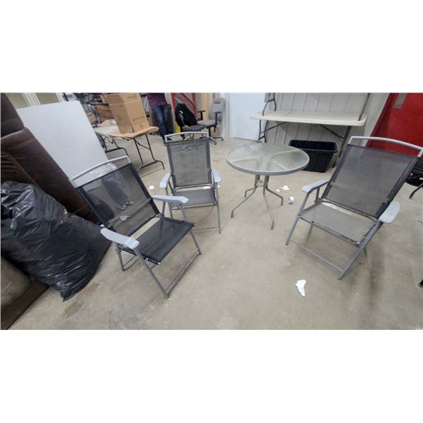 Outdoor Patio Dining Set with Round Glass-Top Table 28 x 30" and 3xFolding Sling Chairs