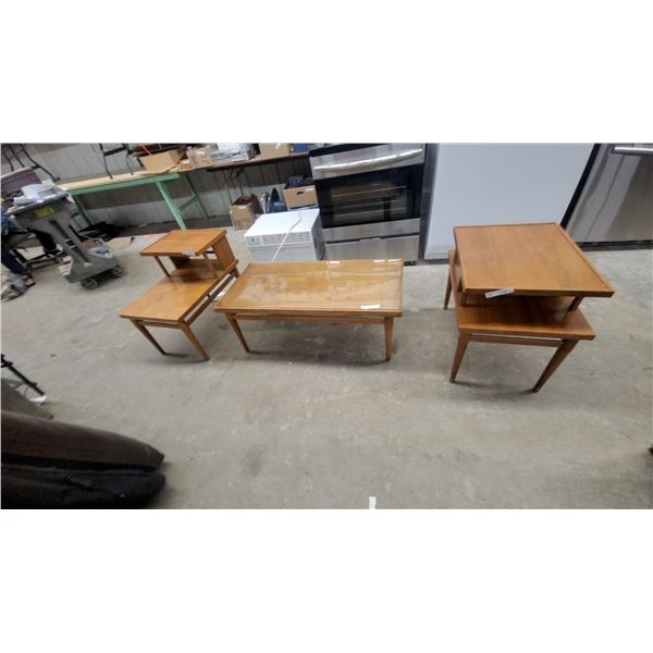 Mid-Century Modern Wooden Coffee Table 15 x 20"14" and Two-Tiered End Tables With Tapered Legs