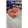 Image 1 : Vintage Rust-Orange Upholstered Armchair with Rolled Arms and Carved Wooden Accents