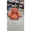 Image 2 : Vintage Rust-Orange Upholstered Armchair with Rolled Arms and Carved Wooden Accents