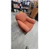 Image 3 : Vintage Rust-Orange Upholstered Armchair with Rolled Arms and Carved Wooden Accents