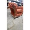 Image 4 : Vintage Rust-Orange Upholstered Armchair with Rolled Arms and Carved Wooden Accents