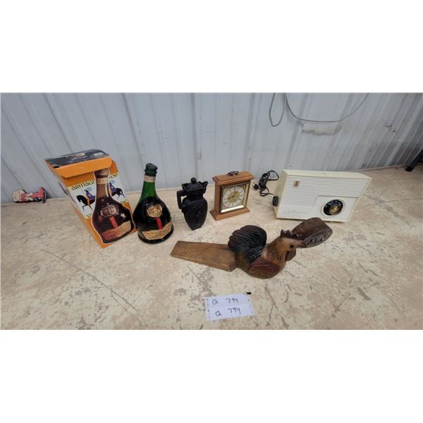 Vintage Westinghouse Tube Radio, Carved Wood Bust, Mantel Clock, Armagnac Bottle in Box and More