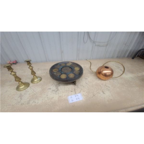 Vintage Brass Candlestick Pair, Chinese Coin Motif Trivet, Copper and Brass Watering Can and More