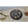 Image 3 : Vintage Brass Candlestick Pair, Chinese Coin Motif Trivet, Copper and Brass Watering Can and More