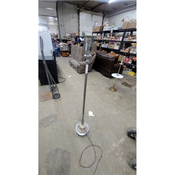 Vintage Silver-Tone Metal Torchiere Floor Lamp With Pierced Shade and Marble Base Insert