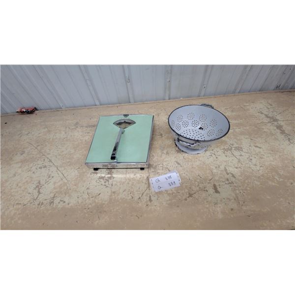 Vintage TECO Mint Green Bathroom Scale with Chrome Trim and Enamel Colander