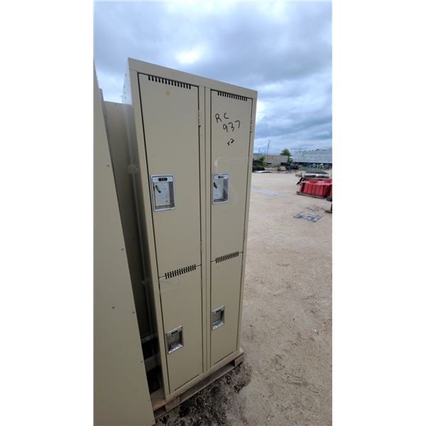 Beige Metal Double-Tier Storage Lockers with Recessed Handles and Ventilation Slots