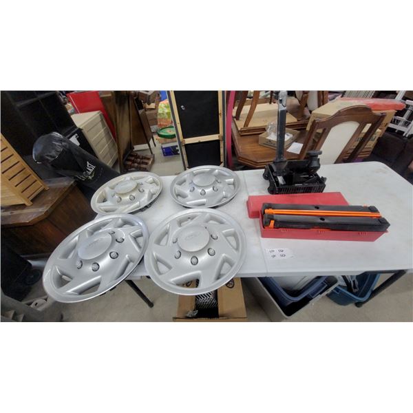 Set of Four Ford Econoline Silver Hubcaps, Warning Triangle, and More