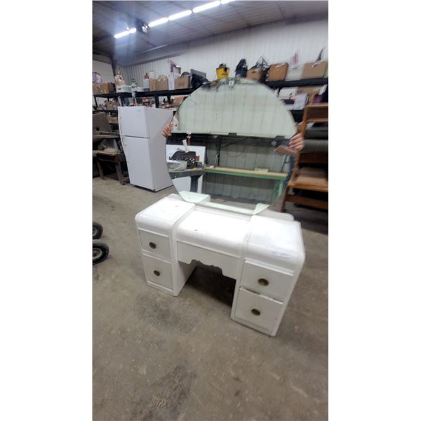 Art Deco Waterfall Vanity with Round Mirror, Four Drawers, White Painted Finish, Circa 1940s