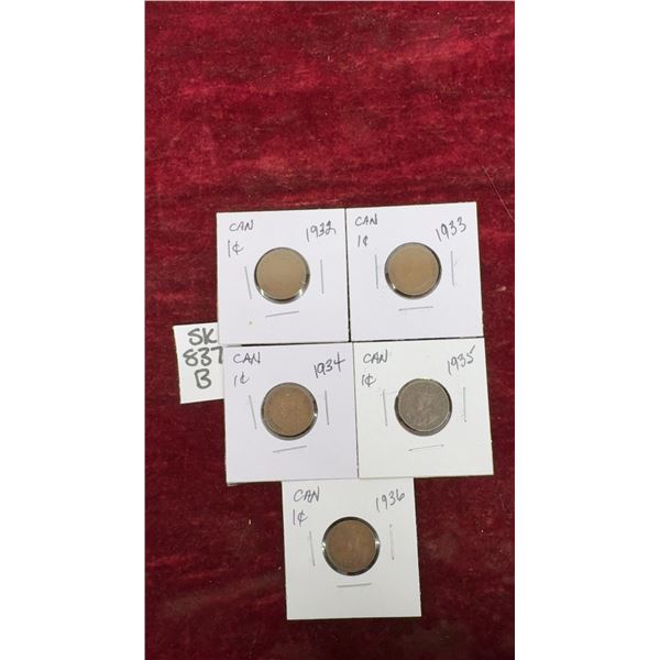 5 Canadian Small Cents, 1932,33,34,35,36