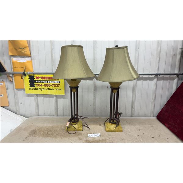Pair of Table Lamps with Textured Green Bases, Metal Rod Stems, and Olive Bell Fabric Shades