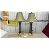 Image 1 : Pair of Table Lamps with Textured Green Bases, Metal Rod Stems, and Olive Bell Fabric Shades