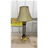 Image 2 : Pair of Table Lamps with Textured Green Bases, Metal Rod Stems, and Olive Bell Fabric Shades