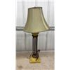 Image 3 : Pair of Table Lamps with Textured Green Bases, Metal Rod Stems, and Olive Bell Fabric Shades