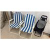 Image 1 : Pair of Blue and White Striped Folding Beach Chairs with White Frames and Grocery Cart
