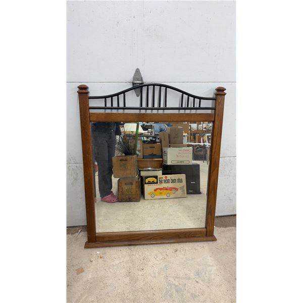 Wood Framed Wall Mirror With Black Metal Arched Scrollwork Top- 49" Tall X 40.5" Wide