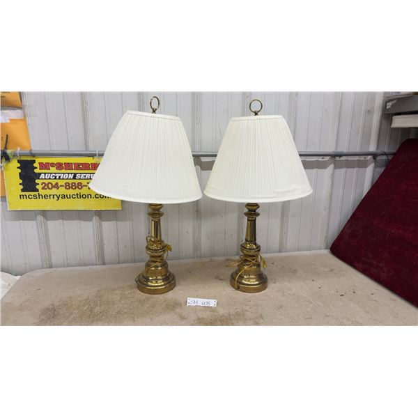 Pair of Traditional Brass Table Lamps with Off-White Pleated Fabric Shades
