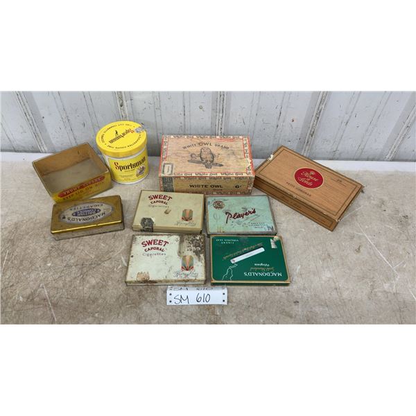 Vintage Tobacco Tins and Cigar Boxes Including Sportsman, White Owl, Sweet Caporal, and More