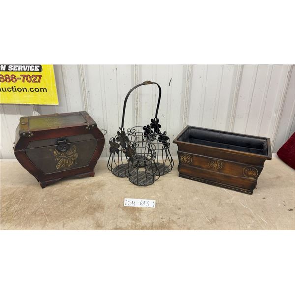 Decorative Wooden Chest with Butterfly Design, Wire Basket, and Wooden Planter Box