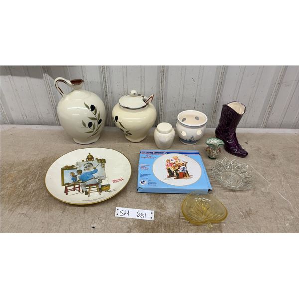 Ceramic Pitcher and Lidded Olive Jar Set With Spoon, Norman's Rockwell Plates and More